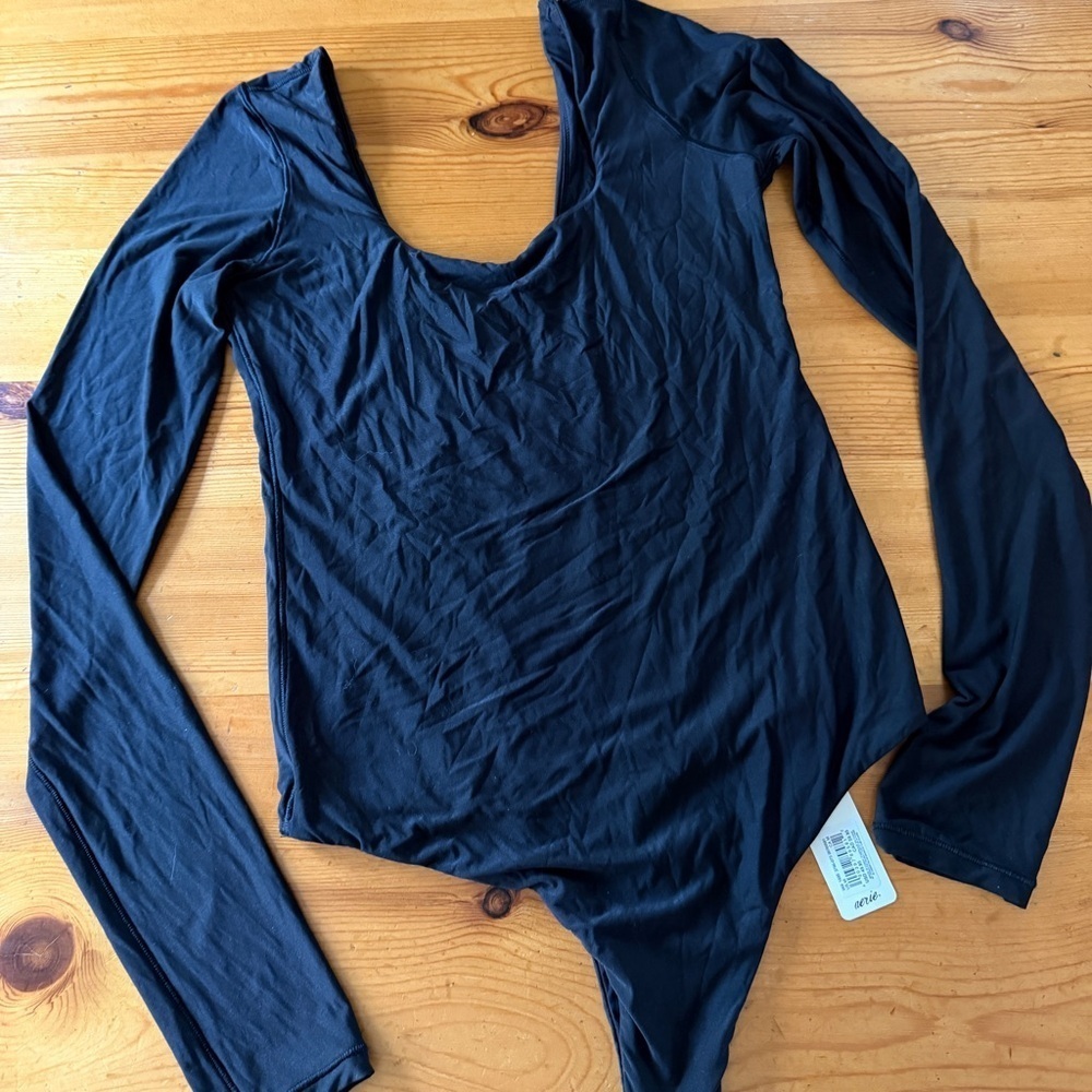 NWT Aerie SMOOTHEZ Black Long Sleeve Scoop Neck Bodysuit M lounge basics classic - Picture 3 of 10